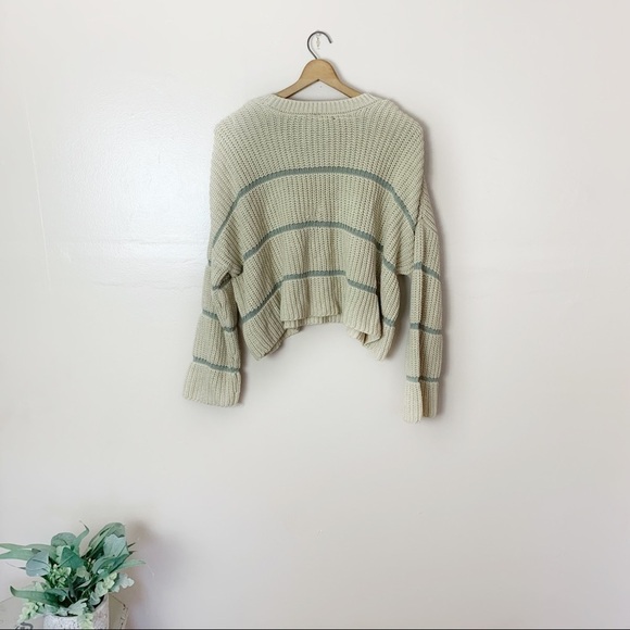 [Moon & Madison] Tan & Blue Striped Knit Cropped Baggy Oversized Sweater - Picture 7 of 8
